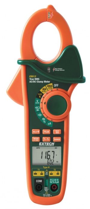 Miernik cęgowy 400A AC/DC z podwójnym wejściem temperaturowym, bezkontaktowym detektorem napięcia - Extech EX613
