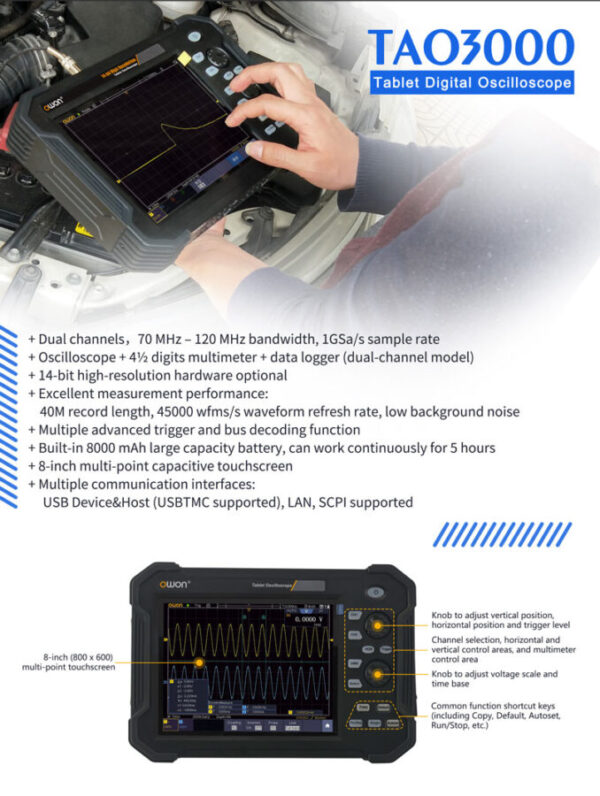 Skopometr TAO3072 2x70MHz, dekodowanie CAN, I2C, SPI, RS232, 8 cali dotykowy - obrazek 2