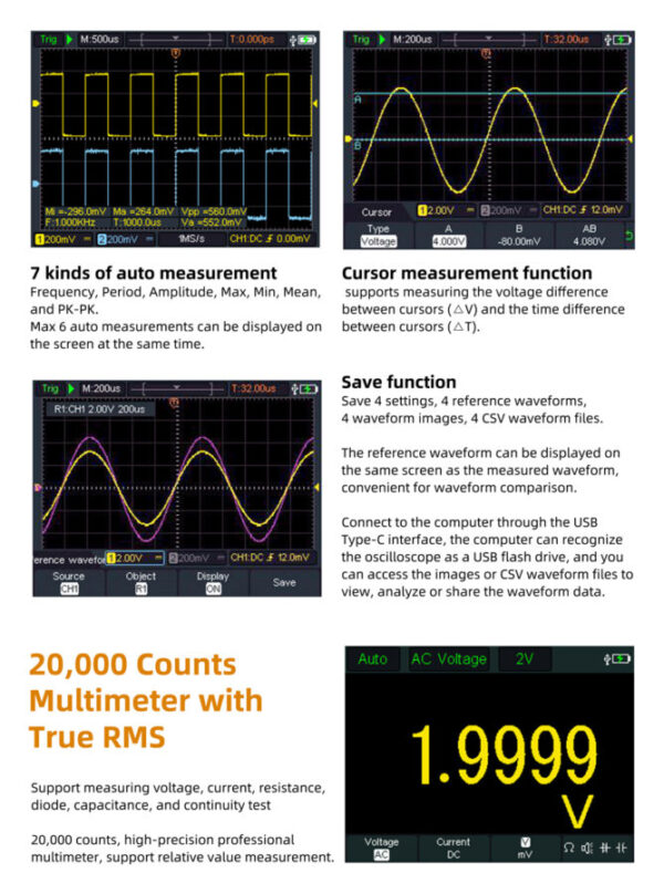 Skopometr HDS2102S 2x100MHz oscyloskop + multimetr + generator funkcyjny do 25MHz - obrazek 13