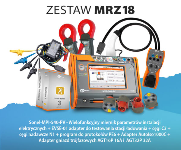 Zestaw MRZ18: Miernik MPI-540PV + C3+N1+PE6+EVSE-01+LP1+AGT16/32+AUTOISO1000+FOTON do instalacji elektrycznych i fotowoltaicznych