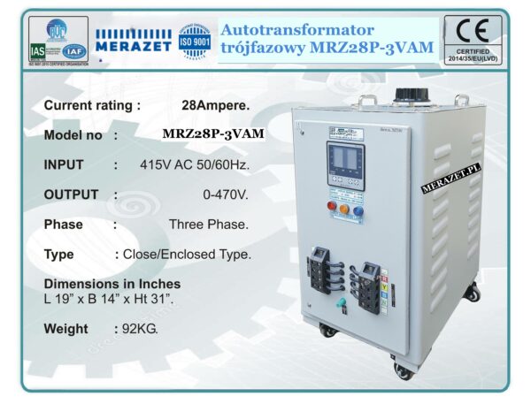 Autotransformator reg. trójfazowy MRZ40P-3FVAM 470V/40A z wbudowanym miernikiem prądu napięcia mocy