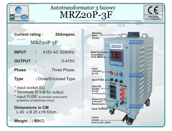 Autotransformator regulowany trójfazowy MRZ20P-3F 470V/20A 16280VA z cyfrowym miernikiem napięcia i prądu
