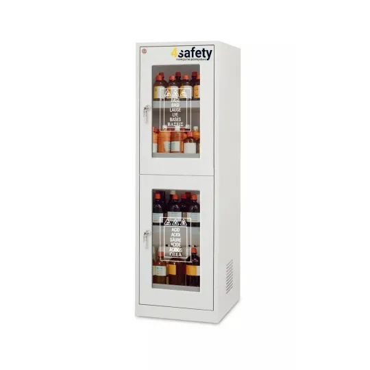 Szafa zabezpieczająca na chemikalia i substancje żrące ze ścianą działową i przeszklonymi drzwiami rozmiar M 600 x 600 x 1950 mm Szafa zabezpieczająca na chemikalia i substancje żrące ze ścianą działową i przeszklonymi drzwiami rozmiar M 600 x 600 x 1950 mm