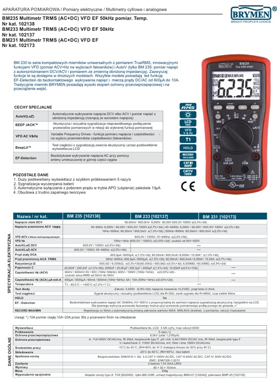BM235 Multimetr TRMS (AC+DC) VFD EF 50kHz Temp. Brymen BM235 Multimetr TRMS (AC+DC) VFD EF 50kHz Temp. Brymen