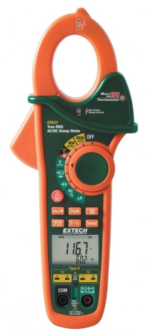 Miernik cęgowy 400A AC/DC z podwójnym wejściem temperaturowym, bezkontaktowym detektorem napięcia i pirometrem - Extech EX623