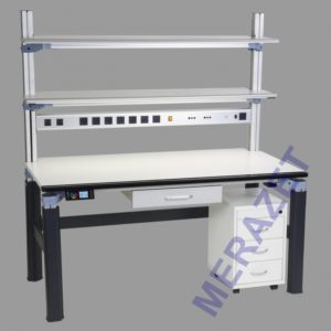 Stół aluminium regulowana wysokość z zasilaniem 230V + DC + 2 półki