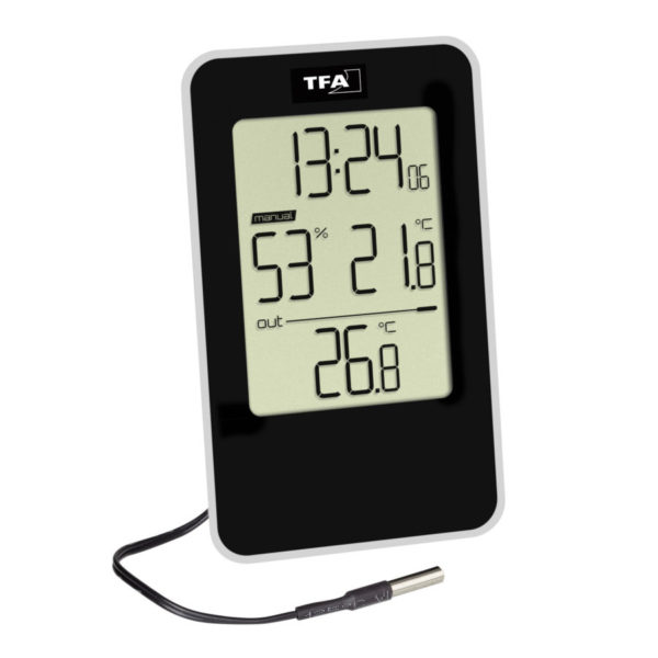 Termohigrometr TFA 30.5048.01 z zegarem i sondą zewnętrzną temperatury