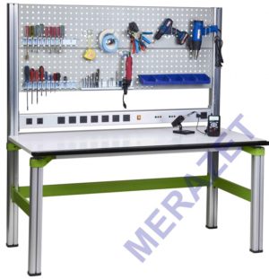 Stół aluminium z zasilaniem 230V + DC + panel narzędziowy